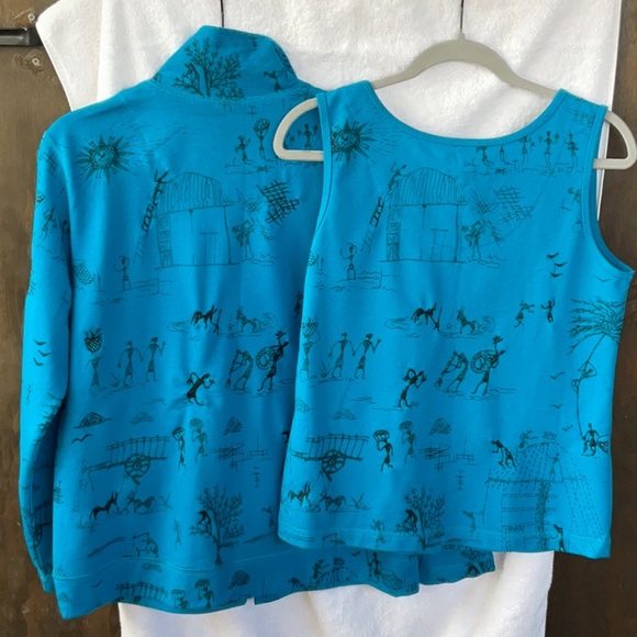 Chico's Blue 2 Piece Jacket & Sleeveless Tank Top with Artistic Design; M/8 - Picture 3 of 14